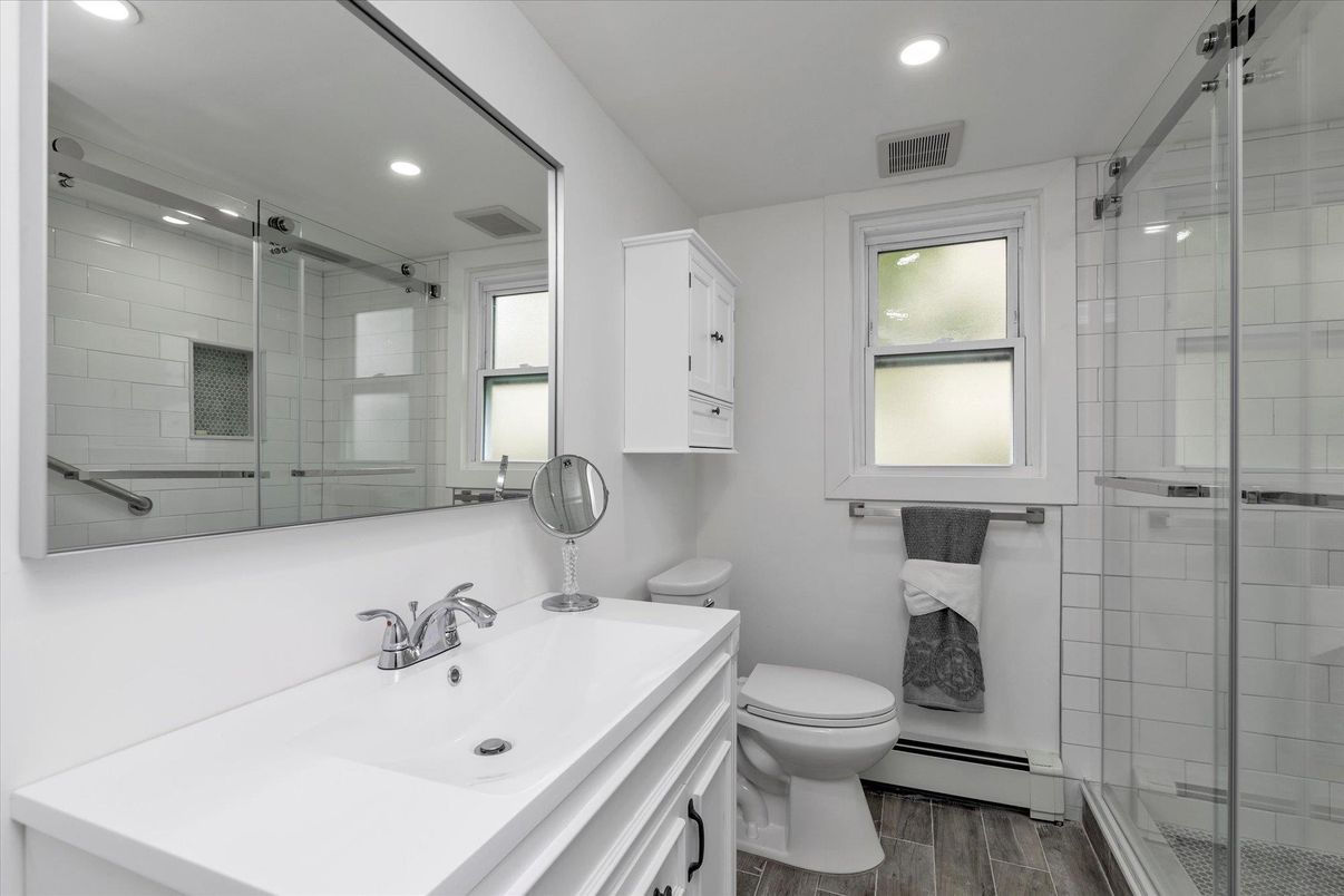 Bathroom, Glass Shower, Interior, Recessed Lighting, Wood Texture Flooring
