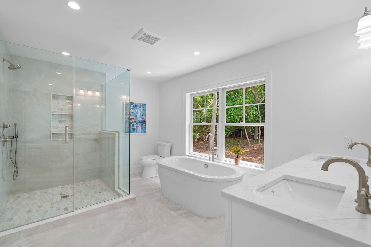 Bathroom, Dual Sink Vanities, Free Standing Baths, Glass Shower, Interior, Marble, Marble Walls, Recessed Lighting
