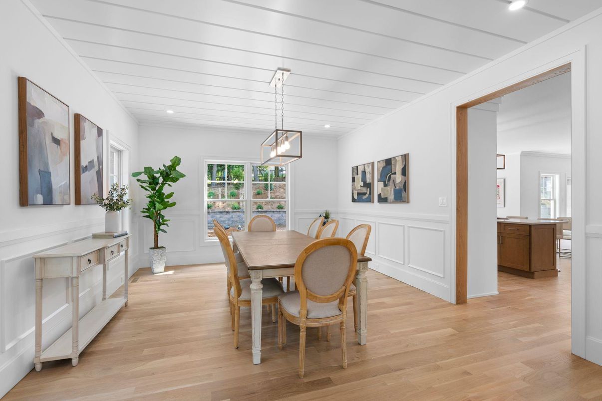 Dining room, Interior, Pendant Lights, Recessed Lighting, Wood Texture Flooring