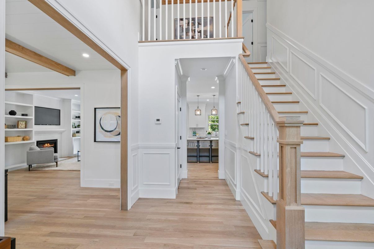 Fireplace, Interior, Pendant Lights, Recessed Lighting, Wooden Beams, Wood Texture Flooring