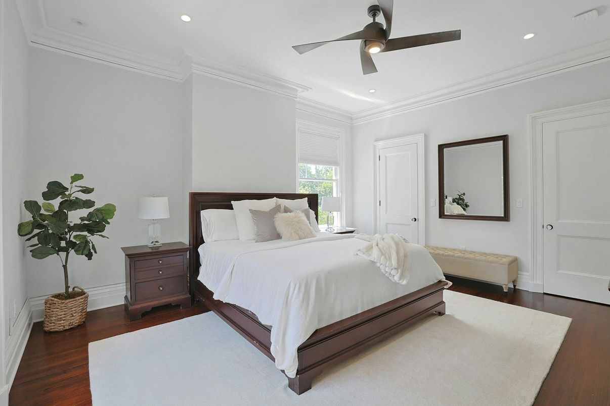 Bedroom, Interior, Recessed Lighting, Wood Texture Flooring