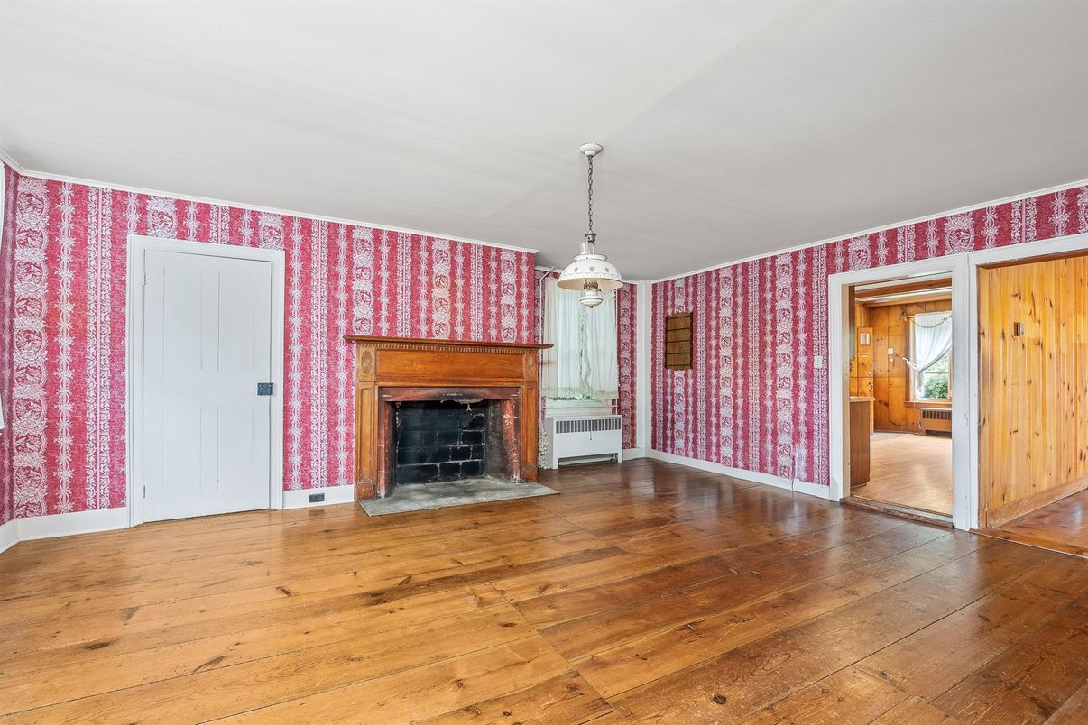 Empty room, Fireplace, Interior, Pendant Lights, Wood Texture Flooring