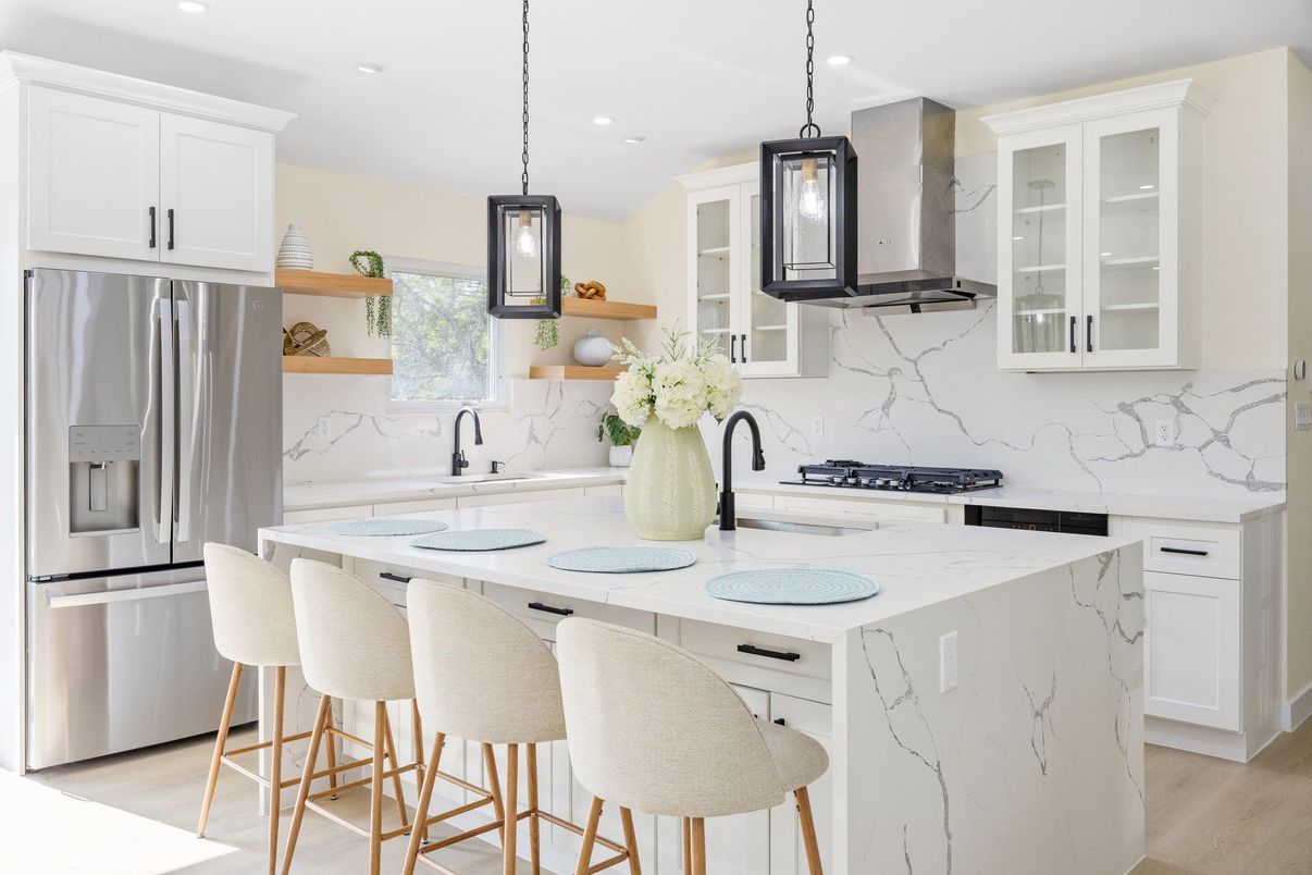 Interior, Kitchen, Marble Walls, Pendant Lights, Recessed Lighting, Stainless Steel Appliances, Wood Texture Flooring