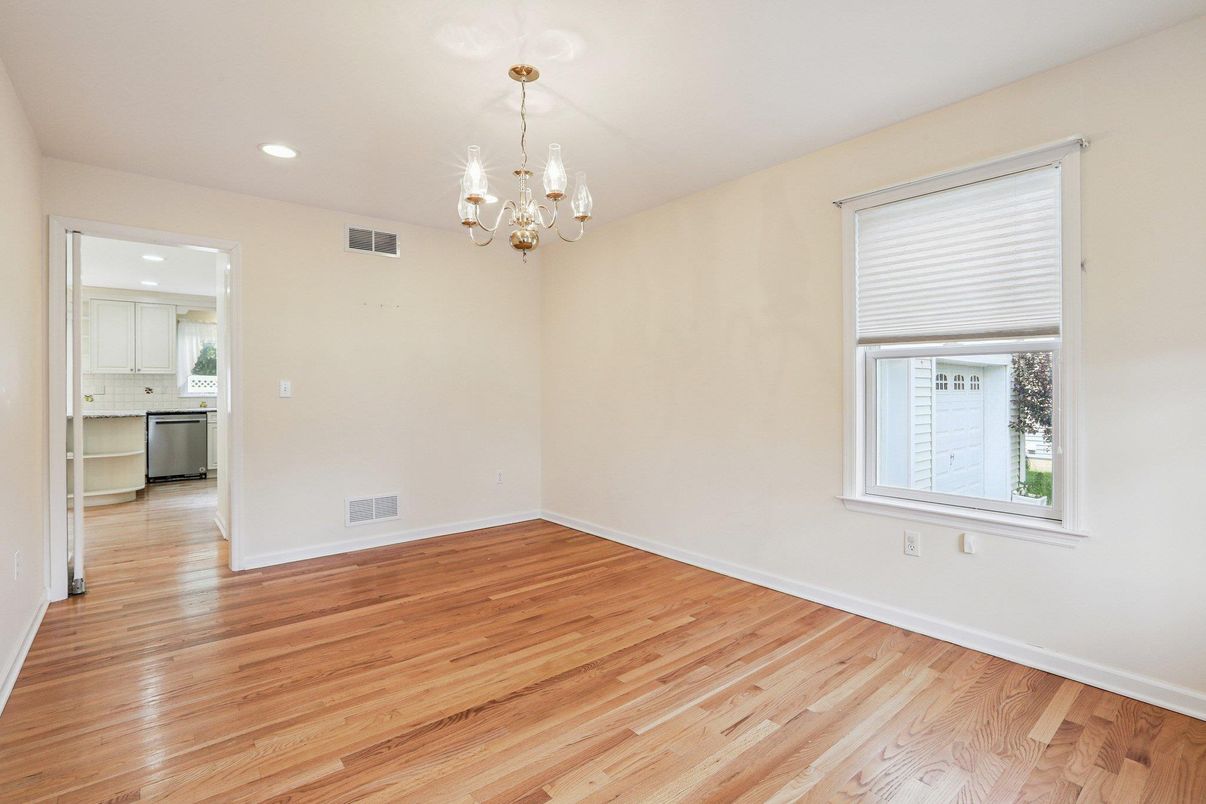 Chandelier, Empty room, Interior, Kitchen, Recessed Lighting, Wood Texture Flooring