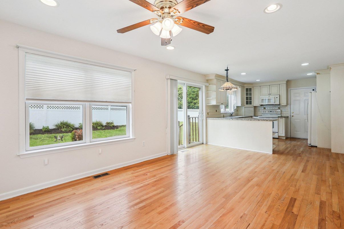 Chandelier, Empty room, Interior, Kitchen, Recessed Lighting, Wood Texture Flooring