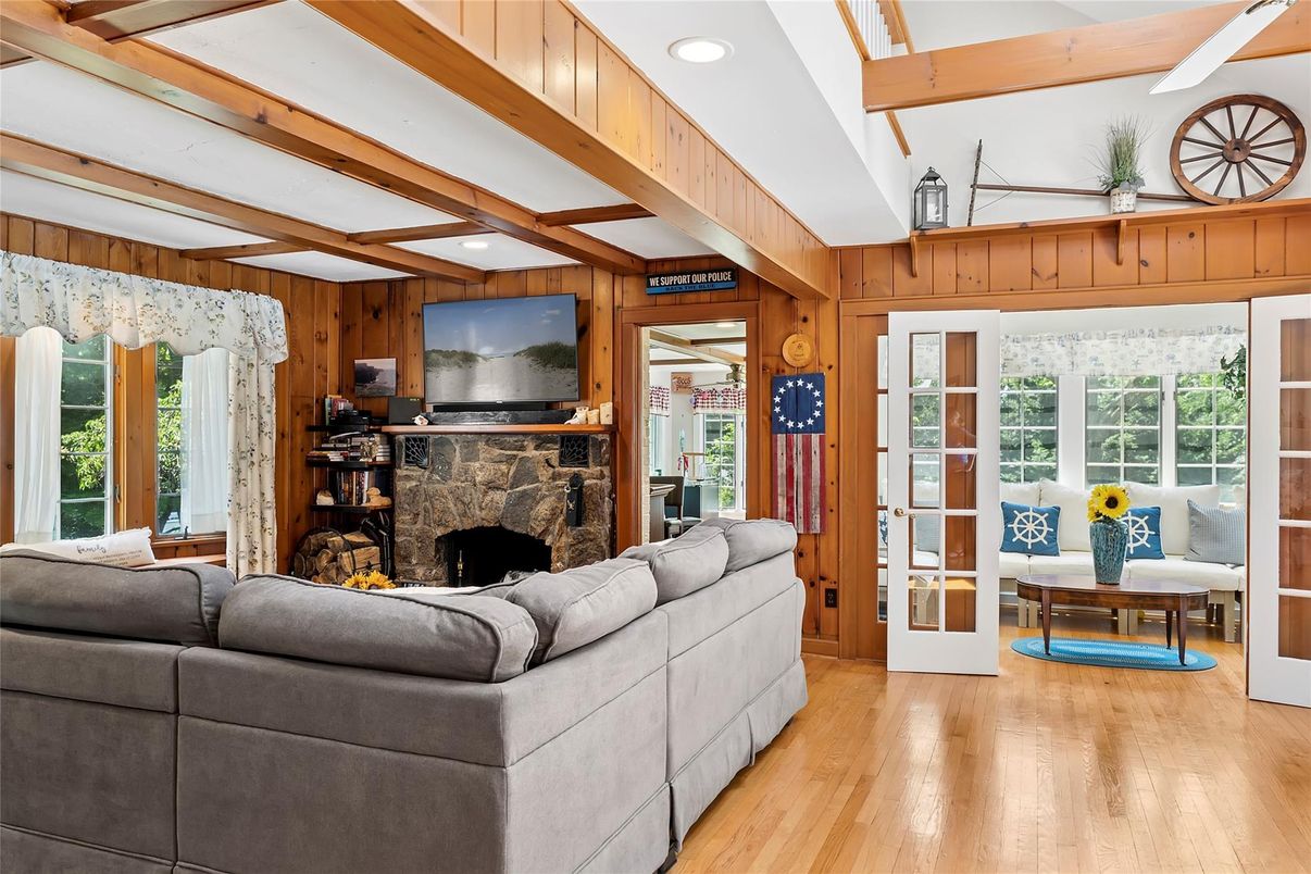 Fireplace, Interior, Living room, Recessed Lighting, Wooden Beams, Wood Texture Flooring, Wooden Walls