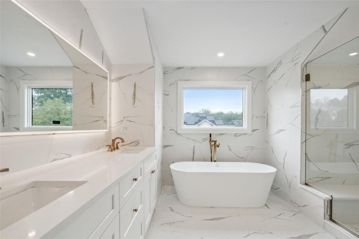 Bathroom, Dual Sink Vanities, Free Standing Baths, Interior, Marble, Marble Walls, Recessed Lighting