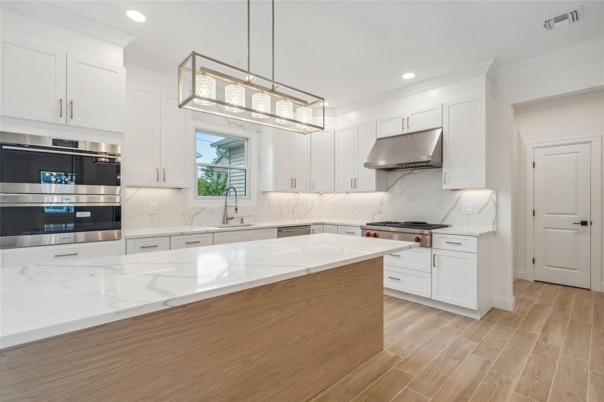 Interior, Kitchen, Pendant Lights, Recessed Lighting, Stainless Steel Appliances, Wood Texture Flooring