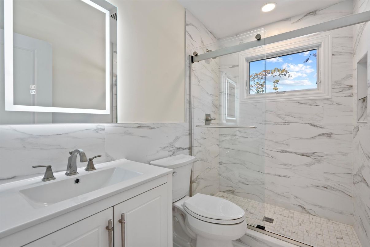 Bathroom, Glass Shower, Interior, Marble Walls, Recessed Lighting