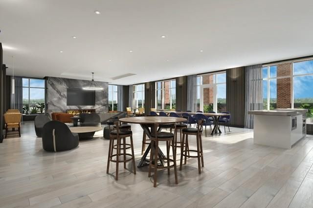 Dining room, Fireplace, Interior, Pendant Lights, Recessed Lighting, Wood Texture Flooring