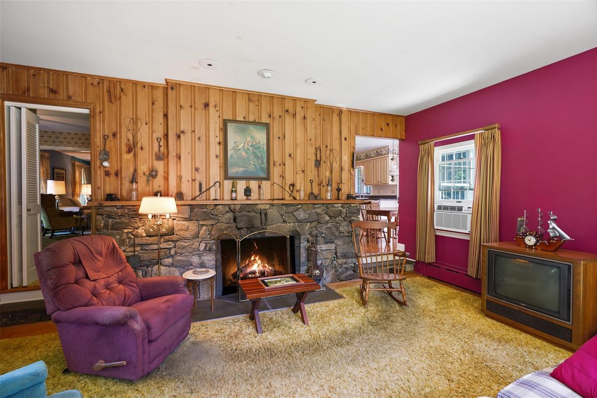 Fireplace, Interior, Living room, Recessed Lighting, Wooden Walls