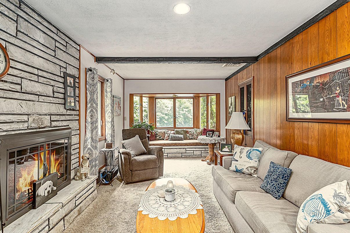 Fireplace, Interior, Living room, Recessed Lighting, Stone Walls, Wooden Walls