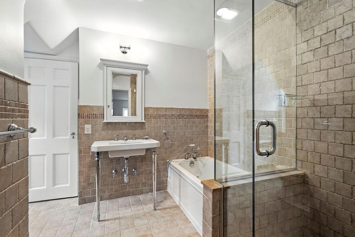 Bathroom, Glass Shower, Interior, Recessed Lighting, Stone Walls