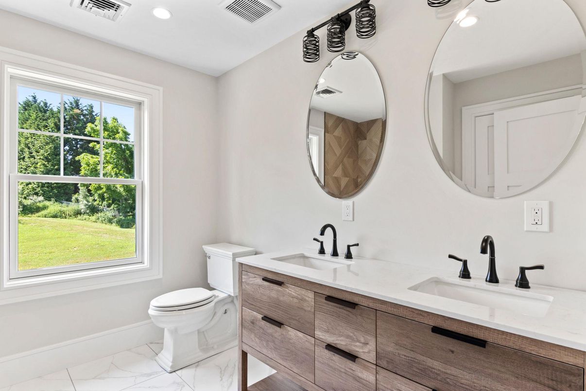 Bathroom, Dual Sink Vanities, Interior, Marble, Recessed Lighting