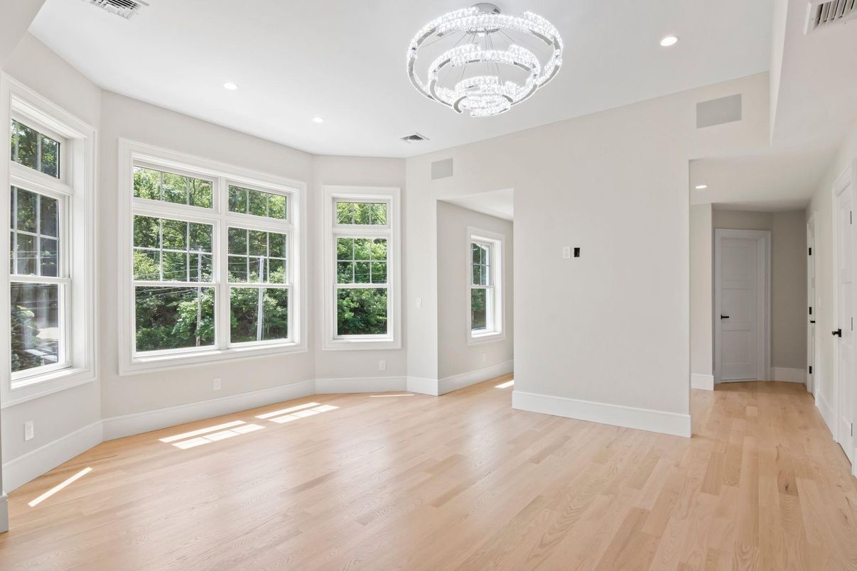 Chandelier, Empty room, Interior, Recessed Lighting, Wood Texture Flooring