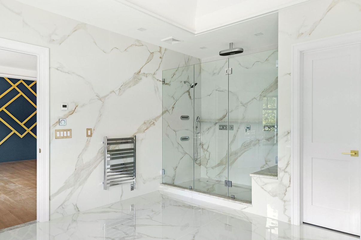 Bathroom, Glass Shower, Interior, Marble, Marble Walls, Wood Texture Flooring