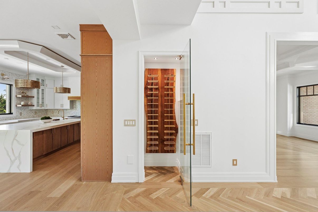 Interior, Kitchen, Pendant Lights, Wine Storage, Wood Texture Flooring