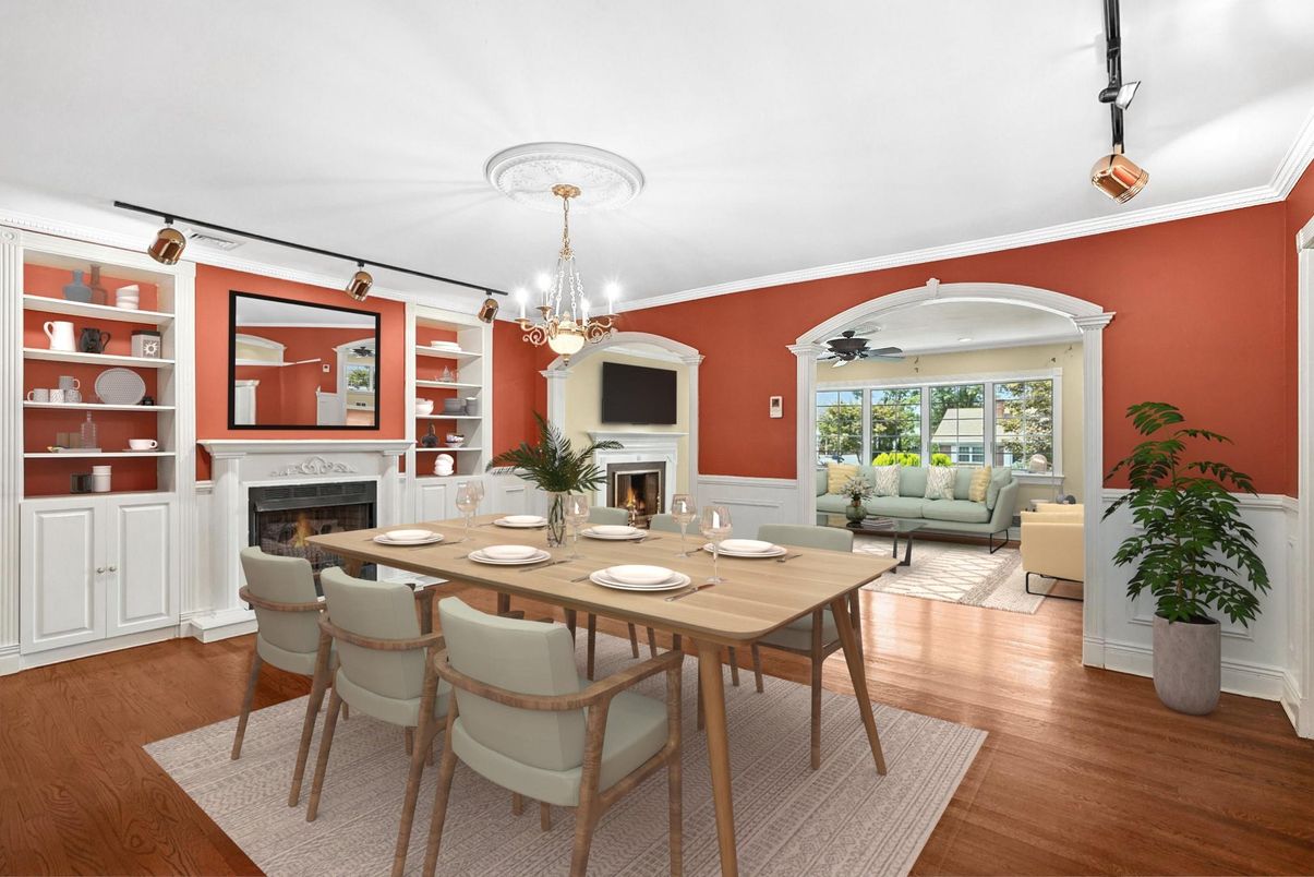 Chandelier, Dining room, Fireplace, Interior, Living room, Wood Texture Flooring