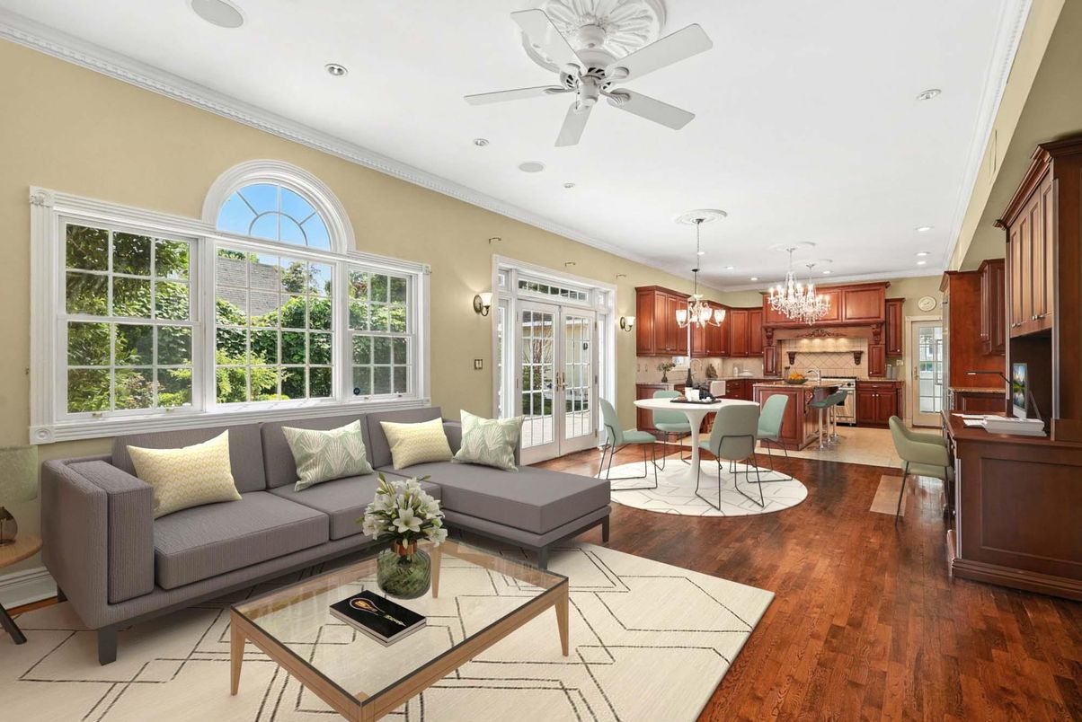 Chandelier, Dining room, Interior, Kitchen, Living room, Pendant Lights, Recessed Lighting, Wood Texture Flooring