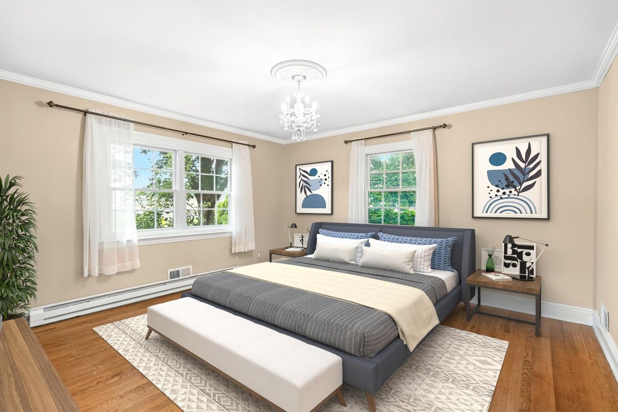 Bedroom, Chandelier, Interior, Wood Texture Flooring