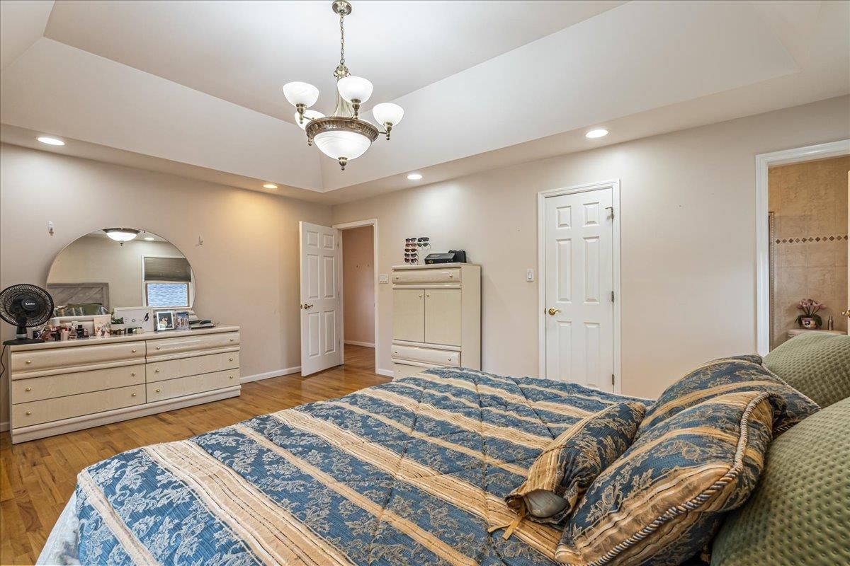 Bedroom, Chandelier, Interior, Recessed Lighting, Wood Texture Flooring
