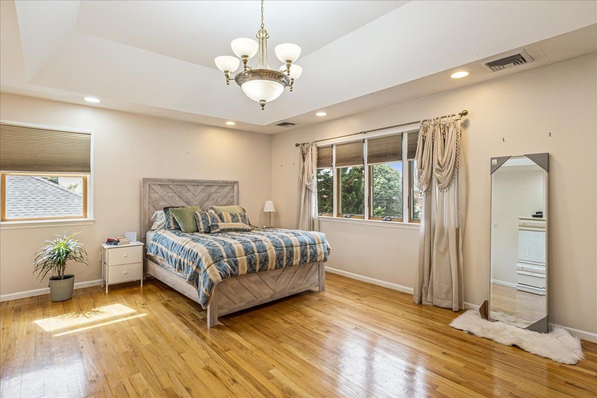 Bedroom, Chandelier, Interior, Recessed Lighting, Wood Texture Flooring
