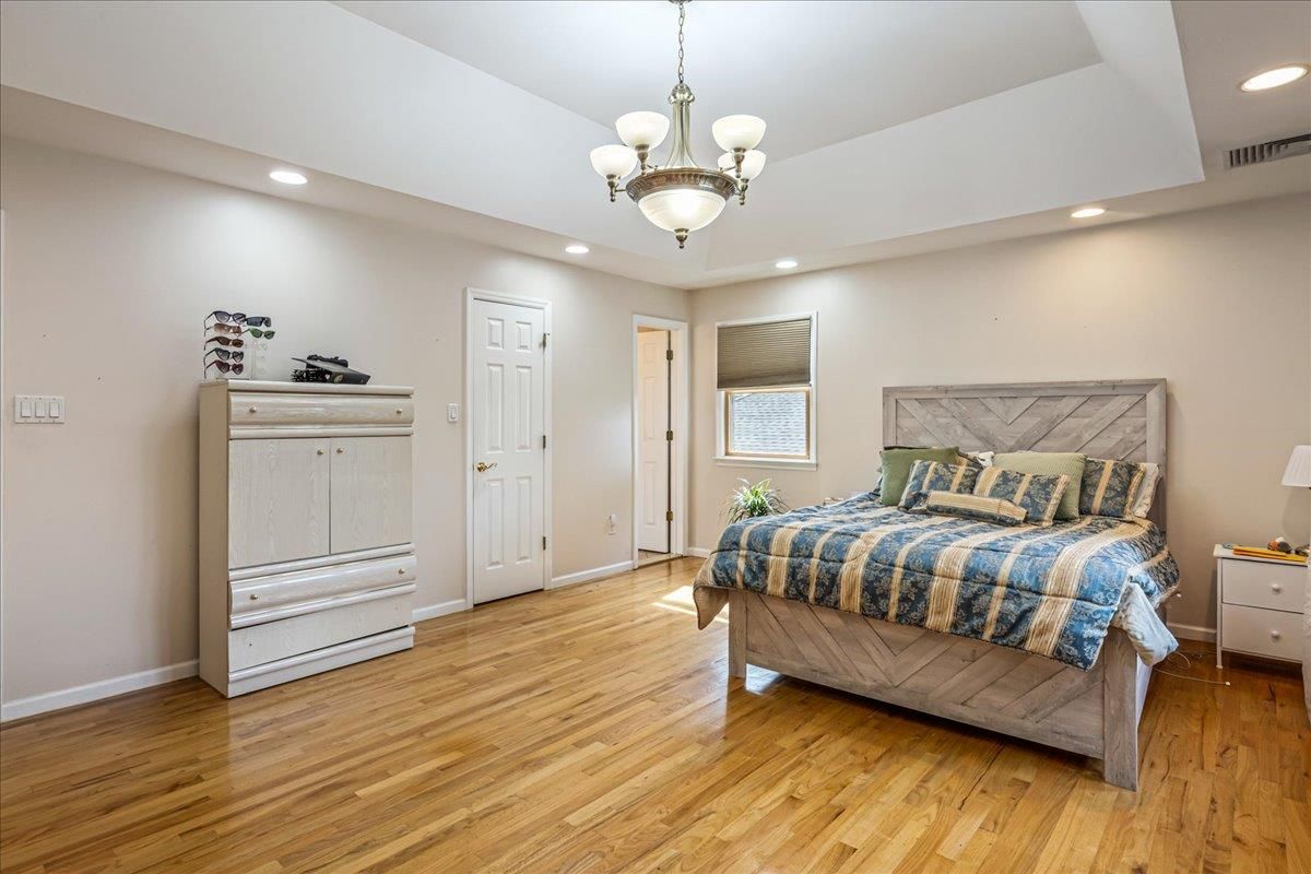 Bedroom, Chandelier, Interior, Recessed Lighting, Wood Texture Flooring