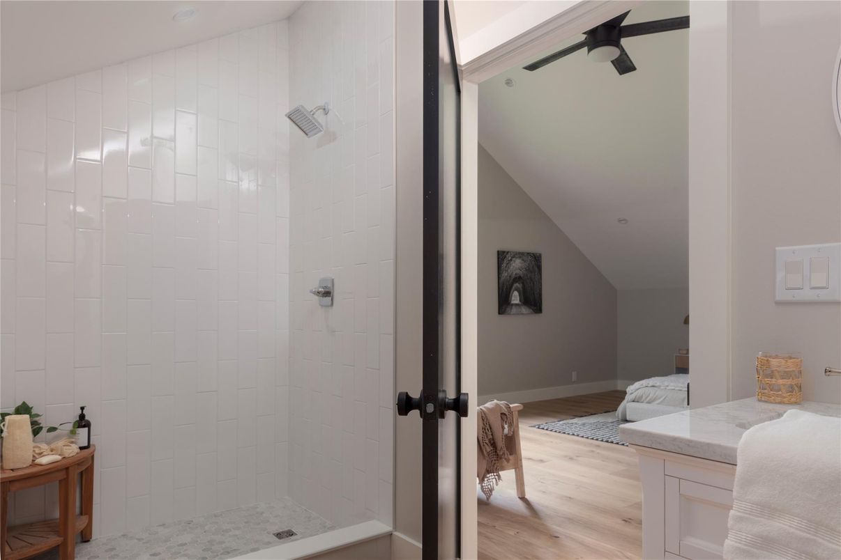Bathroom, Glass Shower, Interior, Wood Texture Flooring