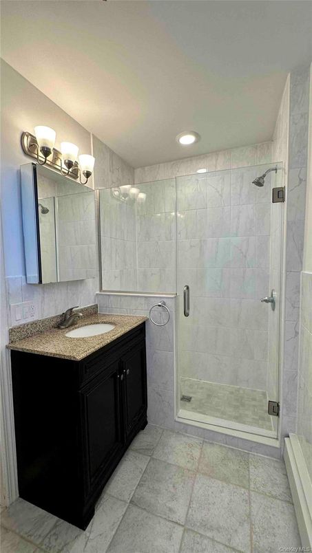 Bathroom, Glass Shower, Interior, Marble Walls, Recessed Lighting