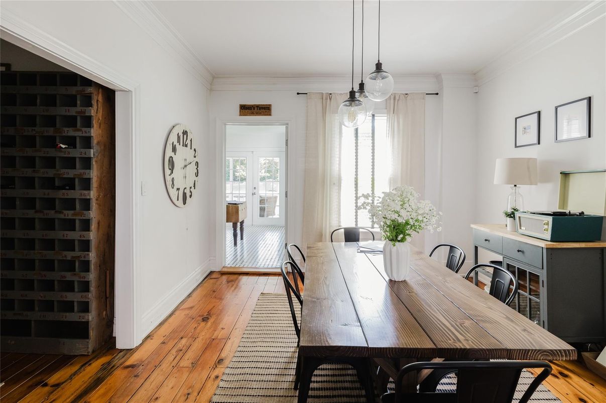 Dining room, Interior, Pendant Lights, Wood Texture Flooring