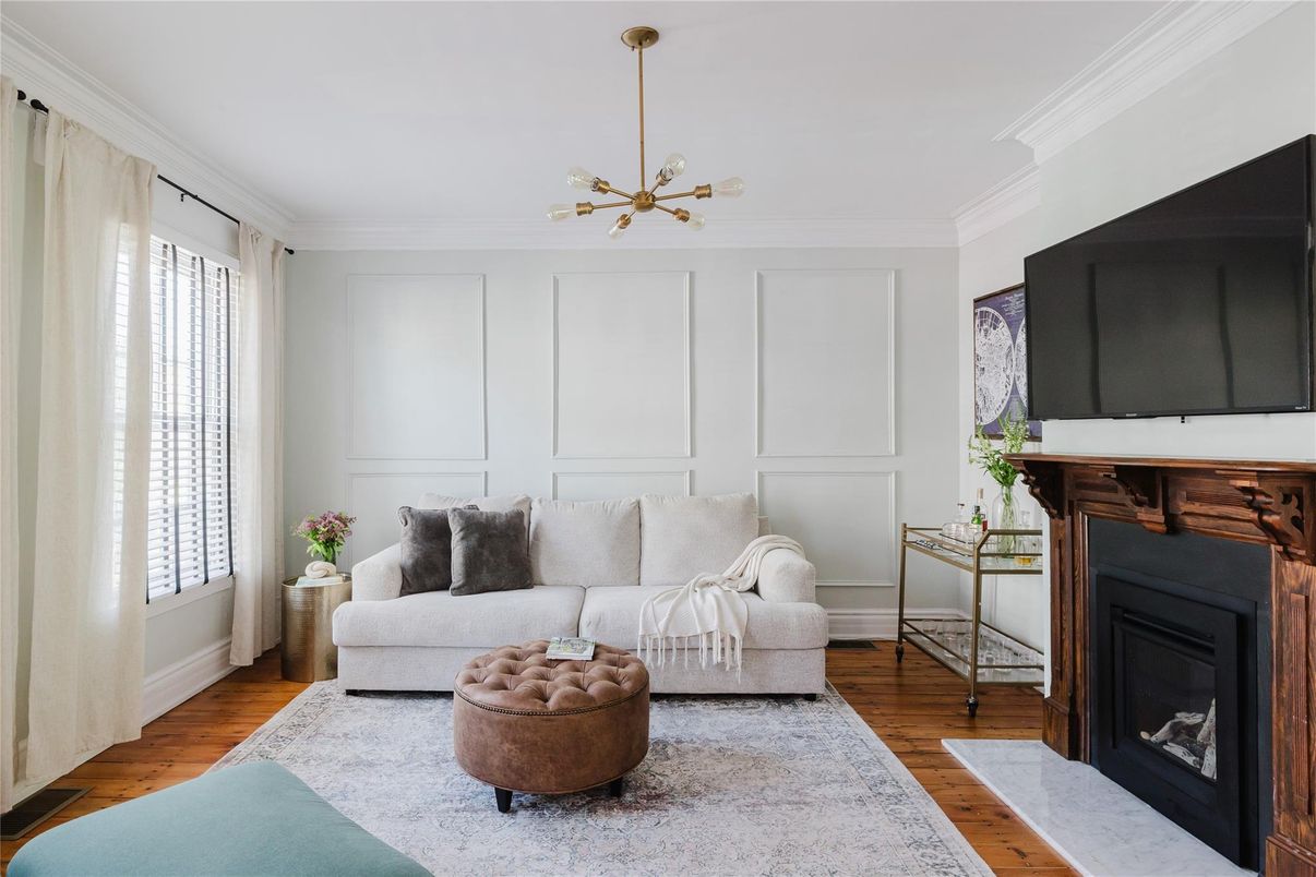 Fireplace, Interior, Living room, Pendant Lights, Wood Texture Flooring