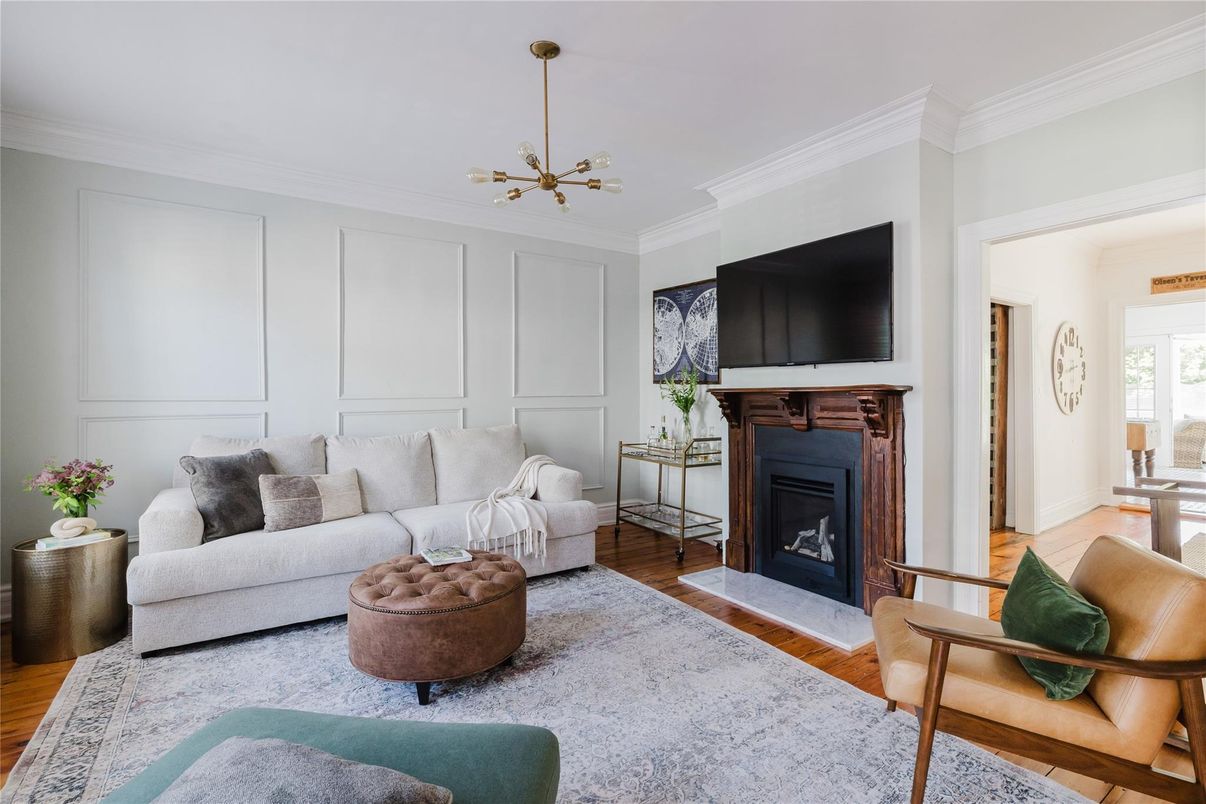 Fireplace, Interior, Living room, Pendant Lights, Wood Texture Flooring
