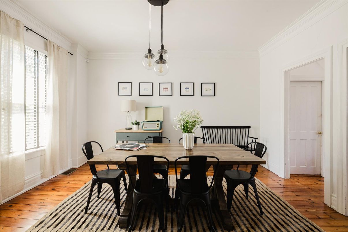 Dining room, Interior, Pendant Lights, Wood Texture Flooring