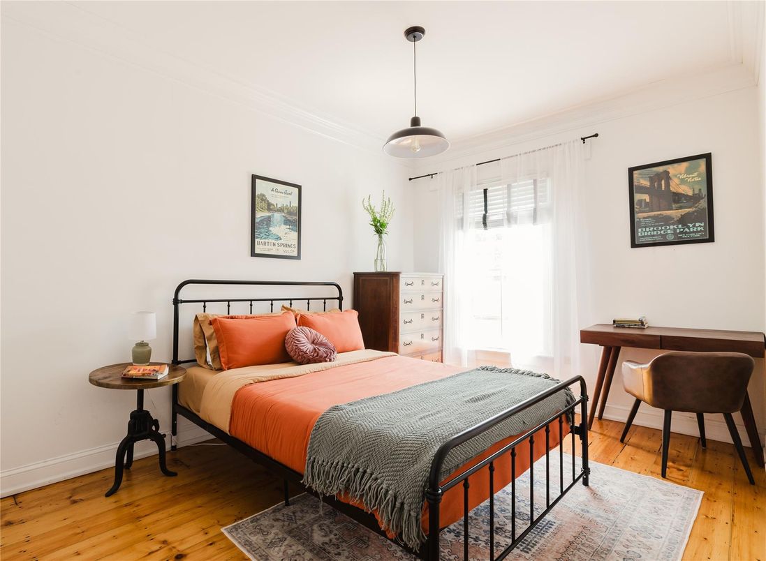 Bedroom, Interior, Pendant Lights, Wood Texture Flooring