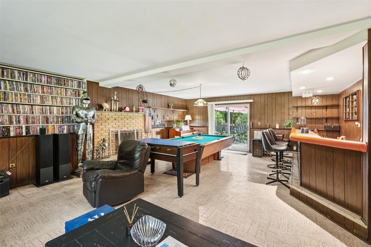 Billiard Table, Fireplace, Game Room, Interior, Pendant Lights, Recessed Lighting, Stone Walls, Wooden Walls