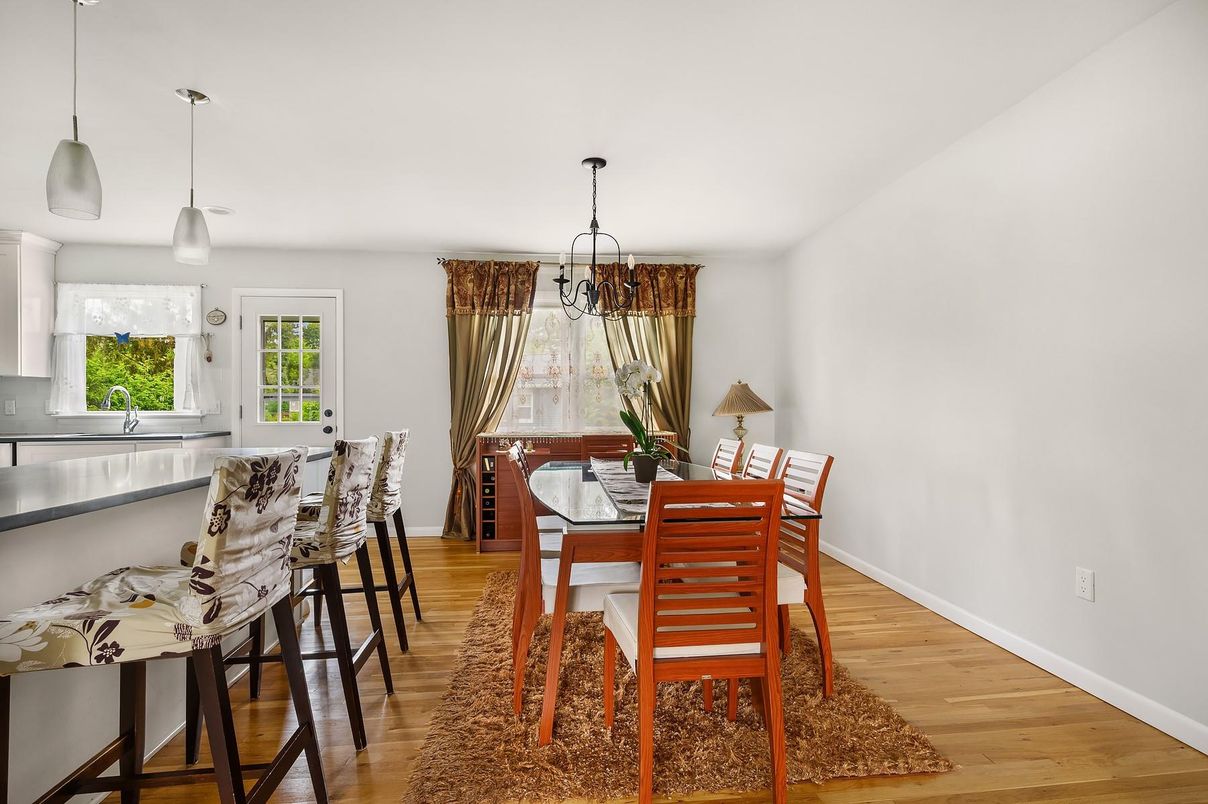 Dining room, Interior, Pendant Lights, Wood Texture Flooring