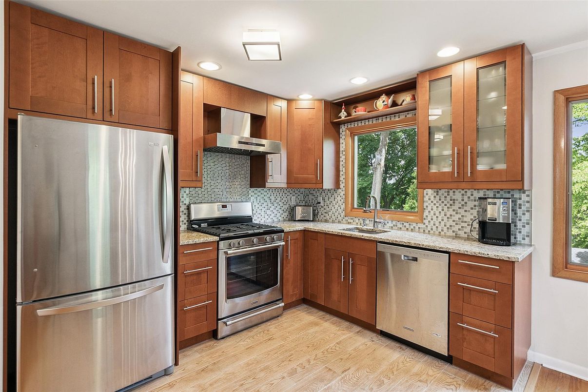 Interior, Kitchen, Recessed Lighting, Stainless Steel Appliances, Wood Texture Flooring