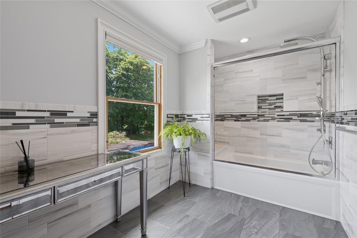 Bathroom, Glass Shower, Interior, Recessed Lighting, Wood Texture Flooring