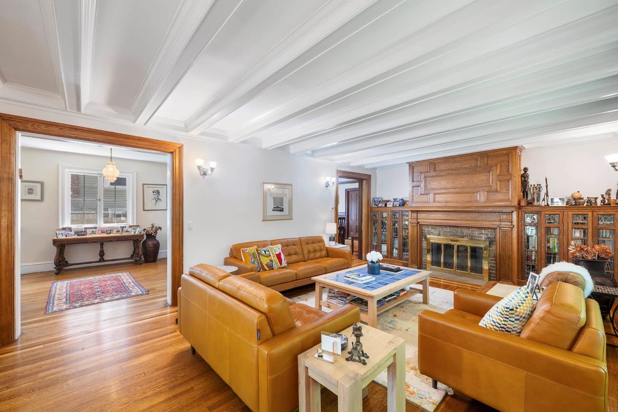 Fireplace, Interior, Living room, Pendant Lights, Wood Texture Flooring