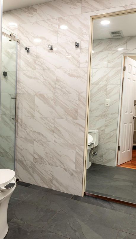 Bathroom, Glass Shower, Interior, Marble Walls, Recessed Lighting