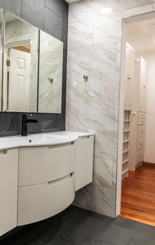 Bathroom, Interior, Marble Walls, Wood Texture Flooring