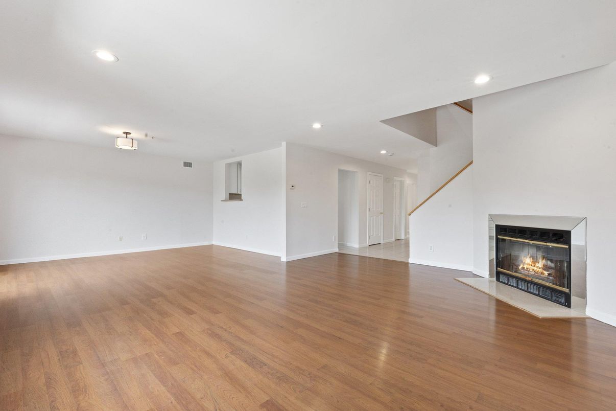 Empty room, Fireplace, Interior, Recessed Lighting, Wood Texture Flooring
