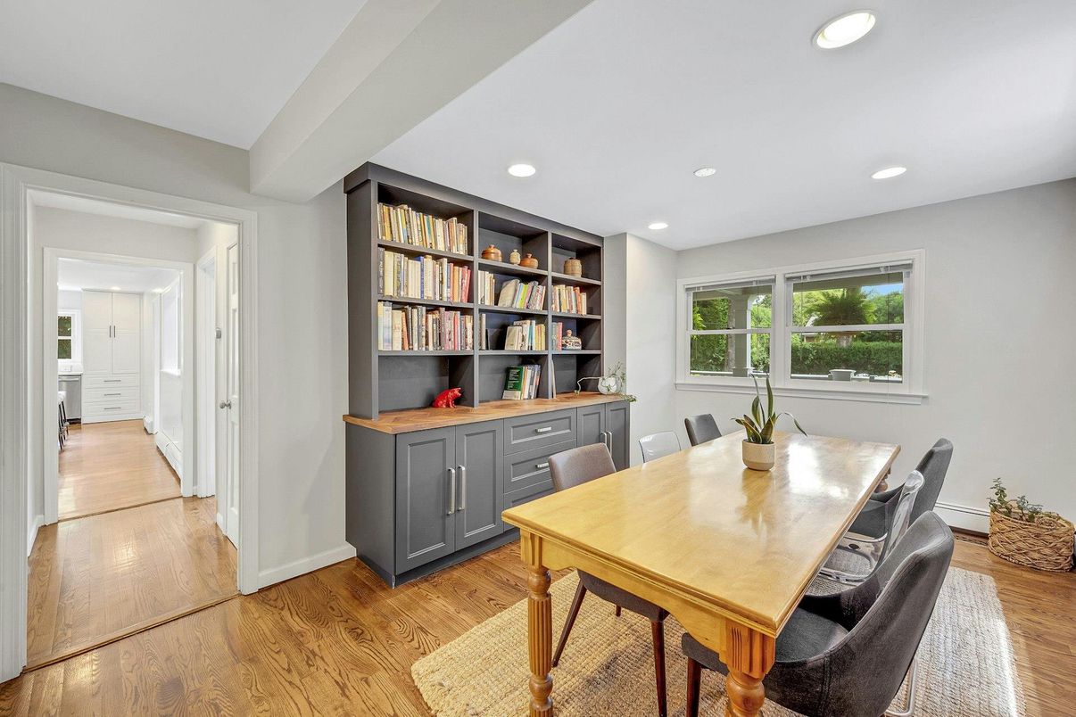 Dining room, Interior, Recessed Lighting, Wood Texture Flooring