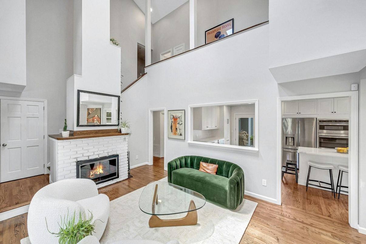 Fireplace, Interior, Kitchen, Living room, Stainless Steel Appliances, Wood Texture Flooring