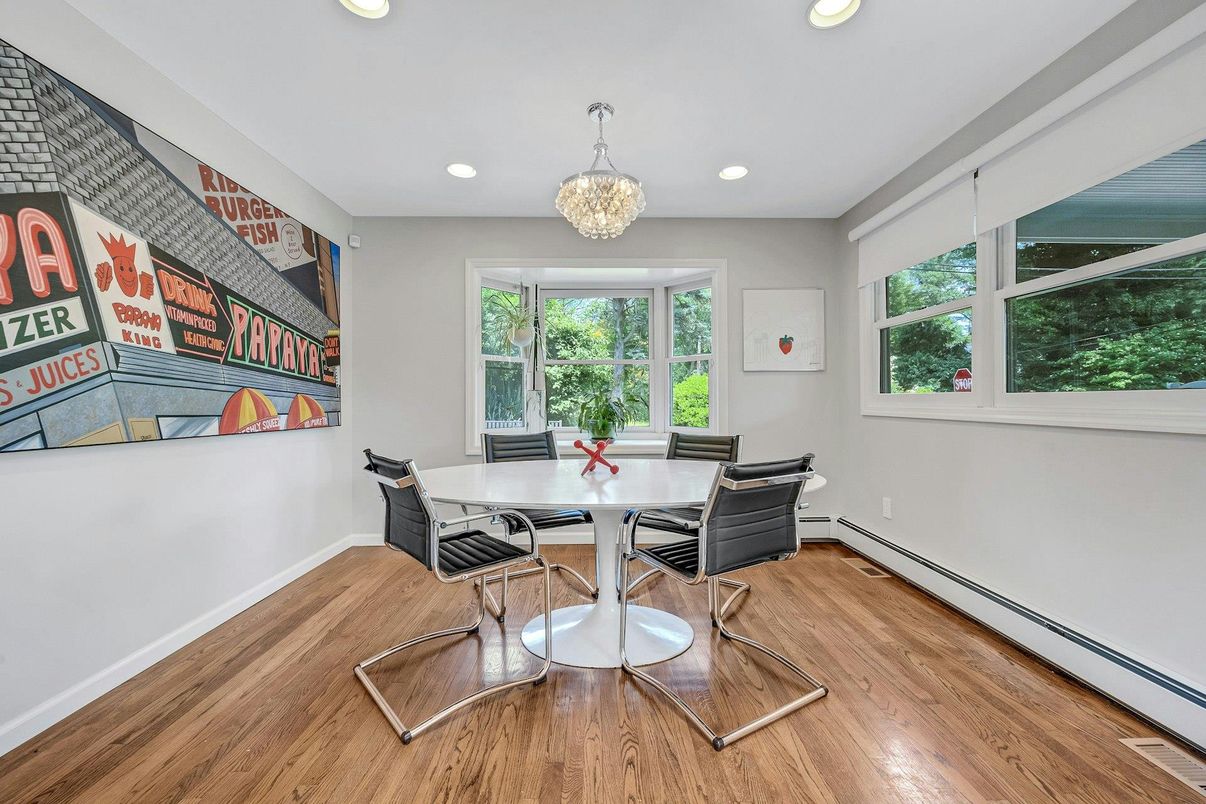 Dining room, Interior, Recessed Lighting, Wood Texture Flooring