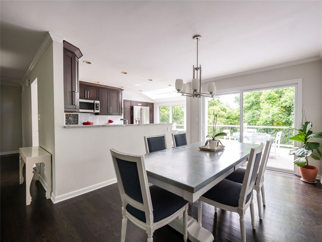 Dining room, Interior, Kitchen, Pendant Lights, Recessed Lighting, Wood Texture Flooring