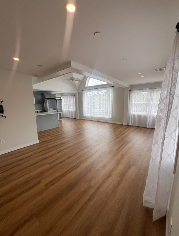 Empty room, Interior, Kitchen, Recessed Lighting, Wood Texture Flooring