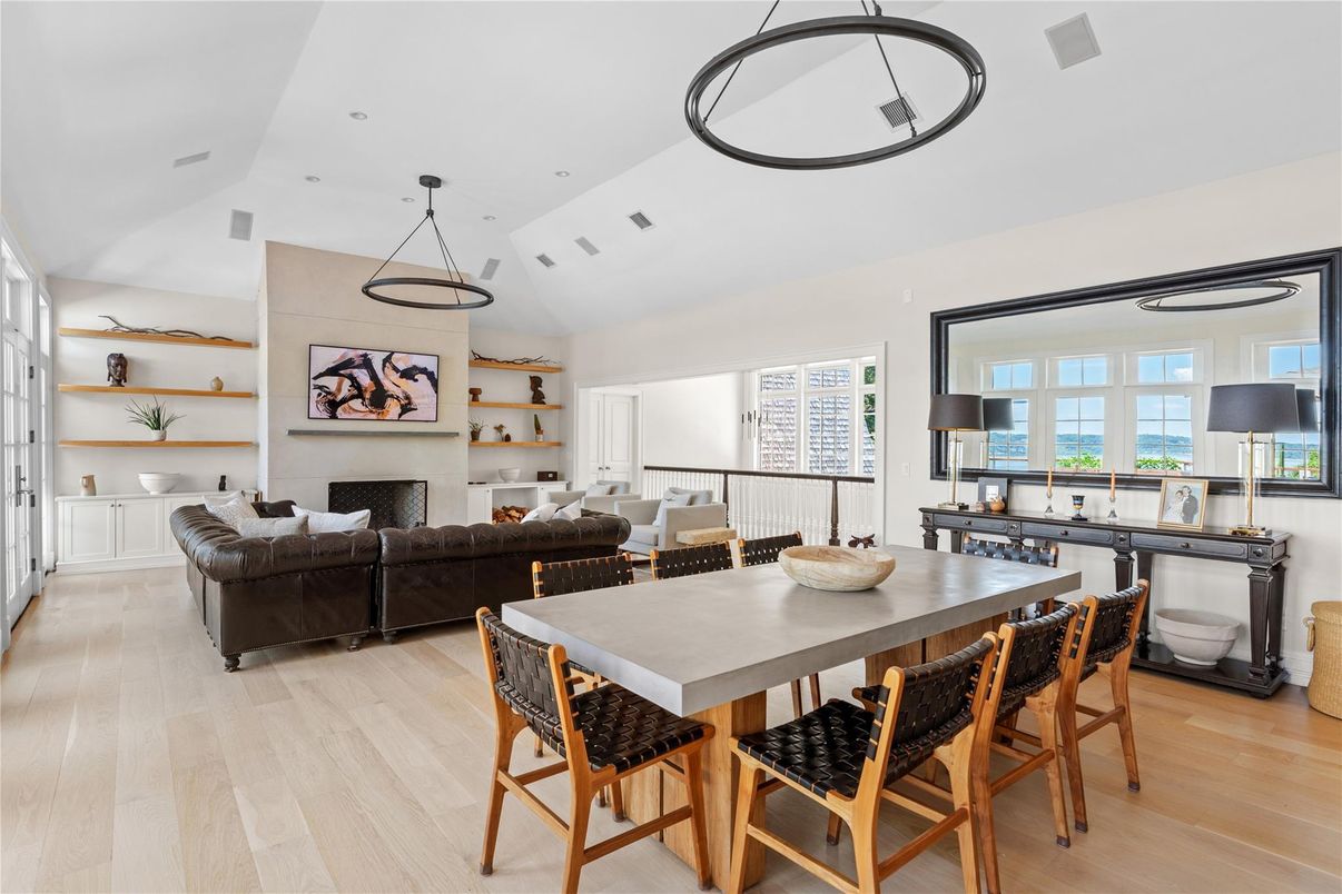 Dining room, Fireplace, Interior, Living room, Pendant Lights, Recessed Lighting, Wood Texture Flooring