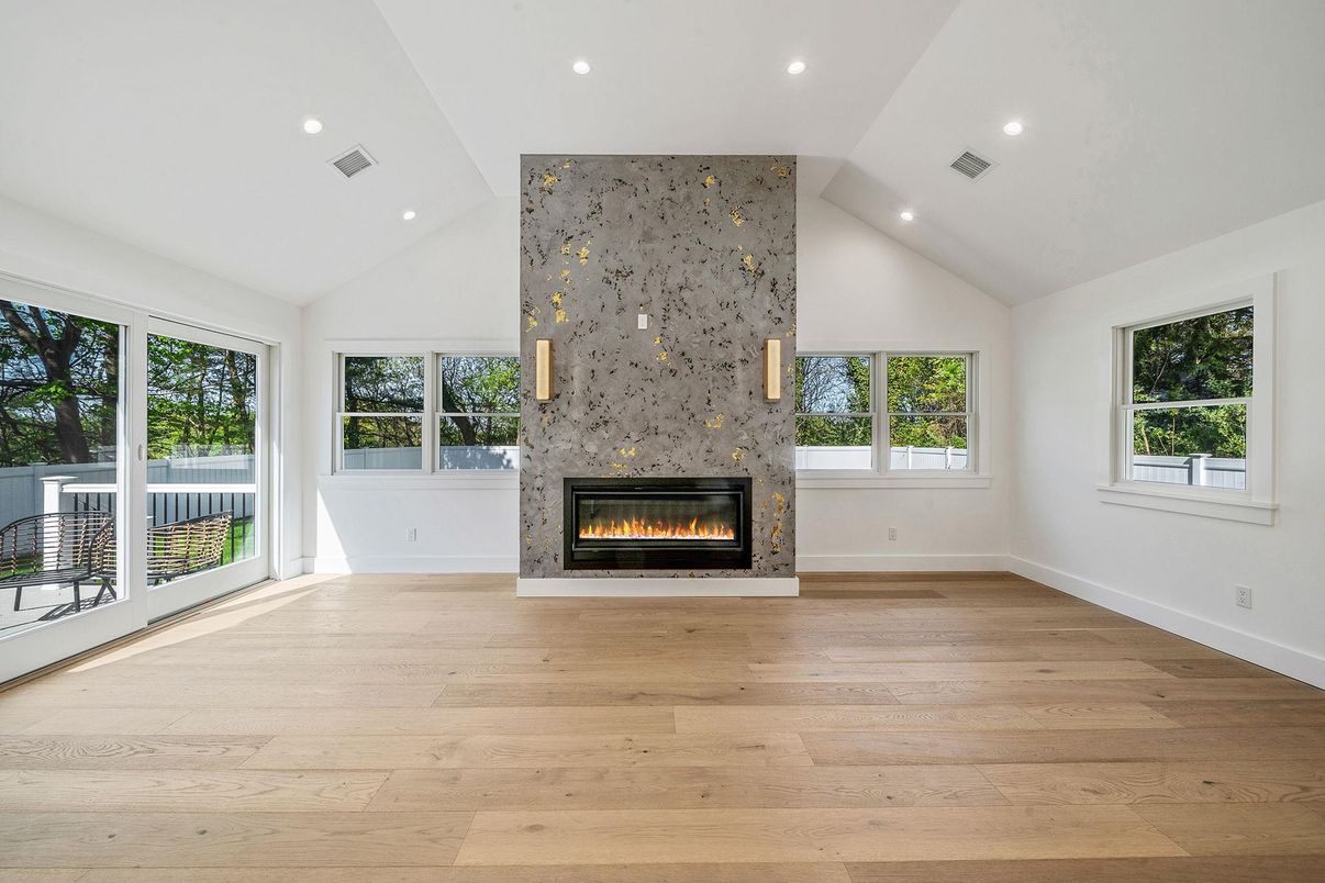 Empty room, Fireplace, Interior, Recessed Lighting, Wood Texture Flooring