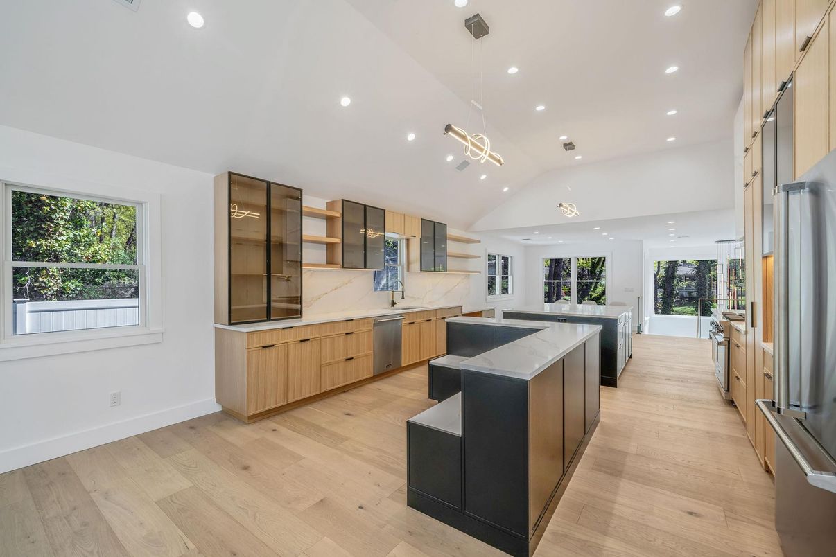 Interior, Kitchen, Pendant Lights, Recessed Lighting, Stainless Steel Appliances, Wood Texture Flooring